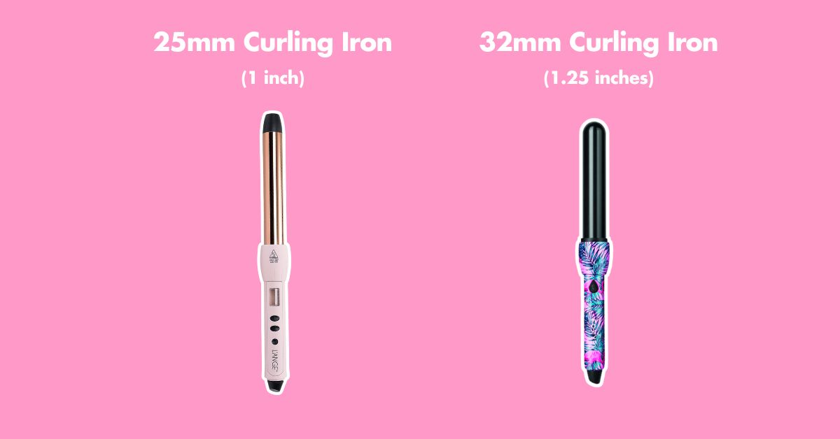 Infographic demonstrating the difference between a 25mm curling iron and a 32mm curling iron