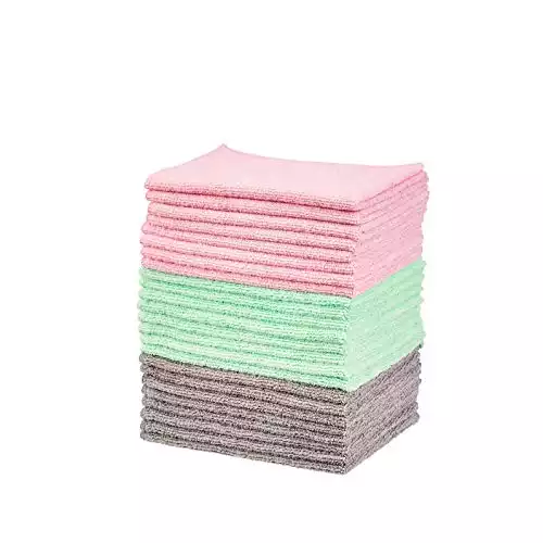 Amazon Basics Green, Gray and Pink Microfiber Cleaning Cloth, 24-Pack