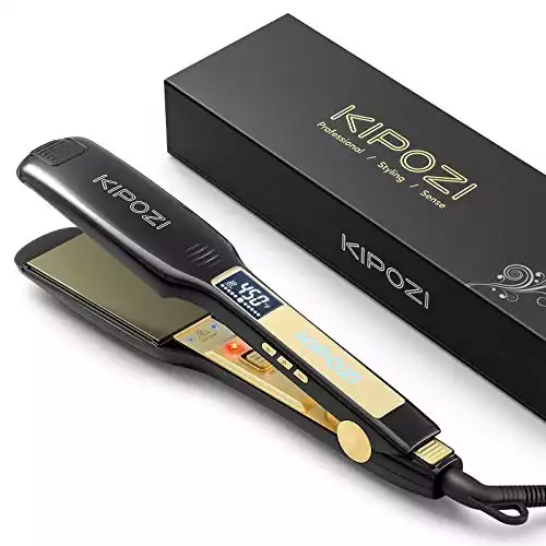 KIPOZI Professional Titanium Flat Iron Hair Straightener with Digital LCD Display, Dual Voltage, Instant Heating, 1.75 Inch Wide Black.